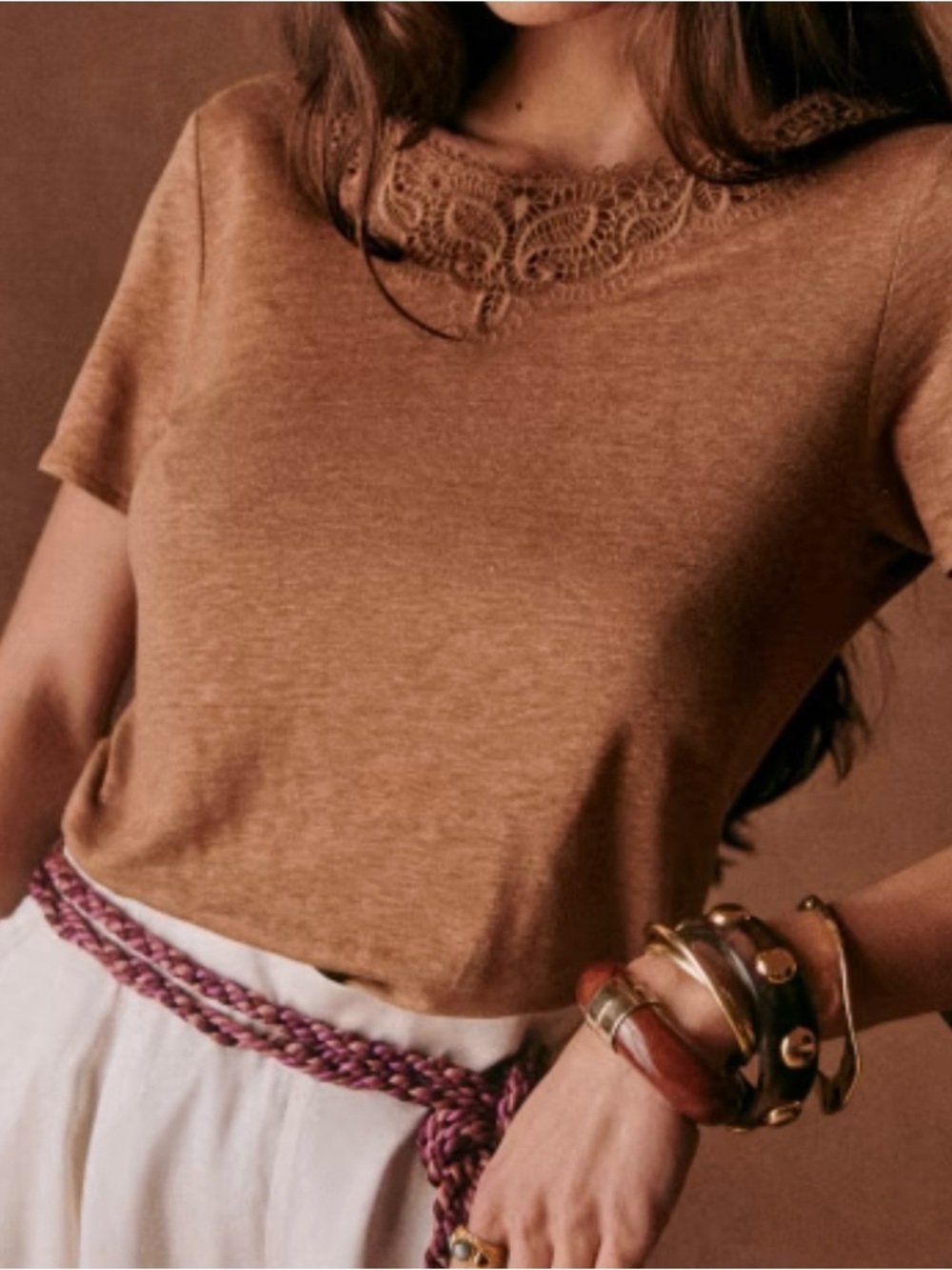 Sézane Mina Linen T-Shirt with Embroidered Neckline - Brown - Women’s Size Large - Picture 2 of 11